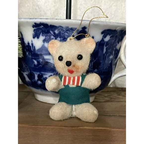 Vtg Christmas Ornament Flocked White Teddy Bear w Green Overalls Bowtie 3 Inch - Picture 4 of 6